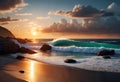 Beautiful sunset on a tropical beach with clouds, concept of beach holidays on islands and tropical resorts,