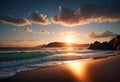 Beautiful sunset on a tropical beach with clouds, concept of beach holidays on islands and tropical resorts,