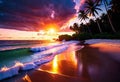 Beautiful sunset on a tropical beach with clouds, concept of beach holidays on islands and tropical resorts,