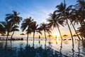 Beautiful sunset tropical beach landscape of paradise island with silhouettes of palm trees Royalty Free Stock Photo