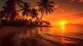 Beautiful sunset on a tropical beach with palm trees in the foreground and water in the background Royalty Free Stock Photo