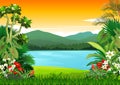 Beautiful Sunset in Tropical Lake Landscape View With Ivy Plants Cartoon for your design