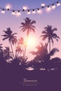 Beautiful sunset in the tropical palm forest with heart shaped fairy lights Royalty Free Stock Photo