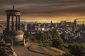 Beautiful sunset view from Calton Hill in Edinburgh, Scotland with monument and historical buildings in the city