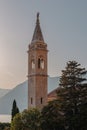 Beautiful Sunset view of the coast of Kotor Bay and St.Eustaces Church in the village Dobrota in Montenegro. Church Royalty Free Stock Photo