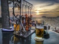 Beautiful sunset view and cold beer and vivid color on blue sky. Royalty Free Stock Photo