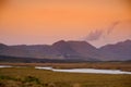 Beautiful sunset view of Connemara. Scenic Irish countryside landscape with magnificent mountains on the horizon, County Galway, I Royalty Free Stock Photo