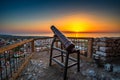 Beautiful sunset view from the historical castle of Kyparissia coastal town at sunset. Located in northwestern Messenia, Royalty Free Stock Photo