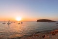 Beautiful sunset view on the island of Ibiza. View from the beach Cala Escondida Cala Comte. Balearic Islands. Spain Royalty Free Stock Photo
