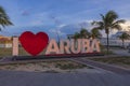 Beautiful sunset view with large white letters I love Aruba in center of Oranjestad, capital of Aruba. Aruba.