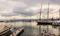 Beautiful Sunset view at Lausanne Marina with yachts on Lake Geneva, Lausanne Ouchy fishing village, Switzerland, Europe Royalty Free Stock Photo