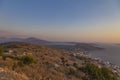 Beautiful sunset view from Lekuresi Castle Saranda, Albania to Ionian sea, old concrete bunker, small functioning lighthouse and