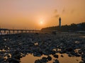 Beautiful sunset view, lighthouse, bridge and astronomical low tide at Kavaratti island lakshadweep Royalty Free Stock Photo