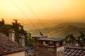 Sunset view of San Marino microstate and Emilia-Romagna region of Italy from the rooftops of the city of San Marino Royalty Free Stock Photo