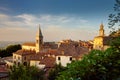 Sunset view of San Marino microstate and Emilia-Romagna region of Italy from the rooftops of the city of San Marino Royalty Free Stock Photo