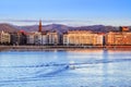 Beautiful sunset view of sandy beach and center Donostia San Sebastian in the Bay of Biscay, Basque Country, Spain Royalty Free Stock Photo