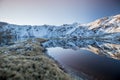 Beautiful sunset with view on snowy mountain range reflected in Angelus Lakes