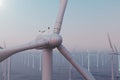 Beautiful sunset wind turbines in sea, ocean. Clean energy, wind energy, ecological concept. 3d rendering Royalty Free Stock Photo
