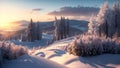 beautiful sunset winter landscape with snow covered trees. Royalty Free Stock Photo