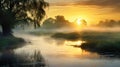 beautiful sunshine river mist landscape