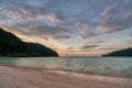 Beautiful sunset at Mai ngam beach in Koh Surin national park, the famous free driving spot in Pang Nga, Thailand Royalty Free Stock Photo