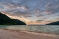 Beautiful sunsset at Mai ngam beach in Koh Surin national park, the famous free driving spot in Pang Nga, Thailand Royalty Free Stock Photo