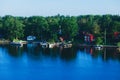 Beautiful super wide-angle aerial view of Stockholm archipelago skerries and suburbs with classic sweden scandinavian designed cot Royalty Free Stock Photo