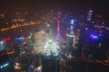 Beautiful super wide-angle night aerial view of Shanghai, China with Pudong district, TV tower, the Bund and scenery beyond the ci Royalty Free Stock Photo