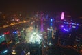 Beautiful super wide-angle night aerial view of Shanghai, China with Pudong district, TV tower, the Bund and scenery beyond the ci Royalty Free Stock Photo