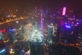 Beautiful super wide-angle night aerial view of Shanghai, China with Pudong district, TV tower, the Bund and scenery beyond the ci Royalty Free Stock Photo