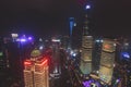 Beautiful super wide-angle night aerial view of Shanghai, China with Pudong district, TV tower, the Bund and scenery beyond the ci Royalty Free Stock Photo