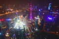 Beautiful super wide-angle night aerial view of Shanghai, China with Pudong district, TV tower, the Bund and scenery beyond the ci Royalty Free Stock Photo