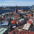 Beautiful super wide-angle panoramic aerial view of Riga, Latvia with harbor and skyline with scenery beyond the city Royalty Free Stock Photo