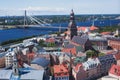 Beautiful super wide-angle panoramic aerial view of Riga, Latvia with harbor and skyline with scenery beyond the city Royalty Free Stock Photo