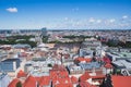 Beautiful super wide-angle panoramic aerial view of Riga, Latvia with harbor and skyline with scenery beyond the city Royalty Free Stock Photo