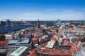 Beautiful super wide-angle panoramic aerial view of Riga, Latvia with harbor and skyline with scenery beyond the city Royalty Free Stock Photo