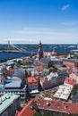 Beautiful super wide-angle panoramic aerial view of Riga, Latvia with harbor and skyline with scenery beyond the city Royalty Free Stock Photo