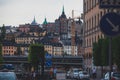 Beautiful super wide-angle panoramic aerial view of Stockholm. Sweden with harbor and skyline with scenery beyond the city Royalty Free Stock Photo