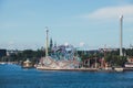 Beautiful super wide-angle panoramic aerial view of Stockholm. Sweden with harbor and skyline with scenery beyond the city Royalty Free Stock Photo