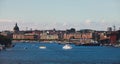 Beautiful super wide-angle panoramic aerial view of Stockholm. Sweden with harbor and skyline with scenery beyond the city Royalty Free Stock Photo