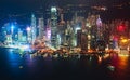 Beautiful super wide-angle summer aerial view of Hong Kong island skyline, Victoria Bay harbor, with skyscrapers, blue sky