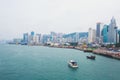 Beautiful super wide-angle summer aerial view of Hong Kong island skyline, Victoria Bay harbor, with skyscrapers, blue sky