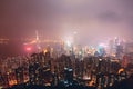 Beautiful super wide-angle summer aerial view of Hong Kong island skyline, Victoria Bay harbor, with skyscrapers, blue sky