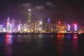 Beautiful super wide-angle summer aerial view of Hong Kong island skyline, Victoria Bay harbor, with skyscrapers, blue sky Royalty Free Stock Photo