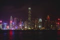 Beautiful super wide-angle summer aerial view of Hong Kong island skyline, Victoria Bay harbor, with skyscrapers, blue sky Royalty Free Stock Photo