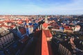 Beautiful super wide-angle sunny aerial view of Munich, Bayern, Bavaria, Germany with skyline and scenery beyond the city, seen fr