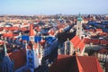 Beautiful super wide-angle sunny aerial view of Munich, Bayern, Bavaria, Germany with skyline and scenery beyond the city, seen fr