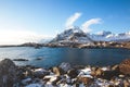 Beautiful super wide-angle winter snowy view of fishing village A, Norway, Lofoten Islands, with skyline, mountains, famous fishin Royalty Free Stock Photo