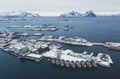 Beautiful super wide-angle winter snowy view of Svolvaer, Norway, Lofoten Islands, with skyline, mountains, Austvagoya island, Vag