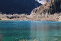 Surface water of mountain lake, rivers delta and mountain forest